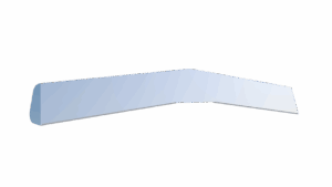 A 3D model of a sleek, light blue, angular wing or blade-like object with a reflective surface, set against a dark gray background. The object has sharp edges and a tapering form.
