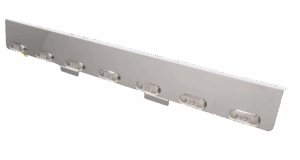 A long, metallic strip featuring seven evenly spaced rectangular LED lights, each housed in a clear casing. The strip has several mounting tabs along its bottom edge.
