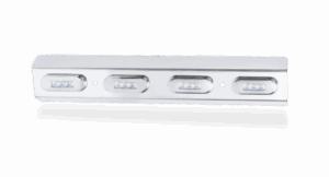 A vertical, metallic LED strip light fixture featuring four rectangular sections, each containing three small LED bulbs, set against a plain white background.