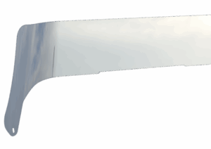 A curved, semi-transparent, glossy plastic visor with a cutout and a small hole at one end, set against a black background. The visor reflects the sky and clouds.