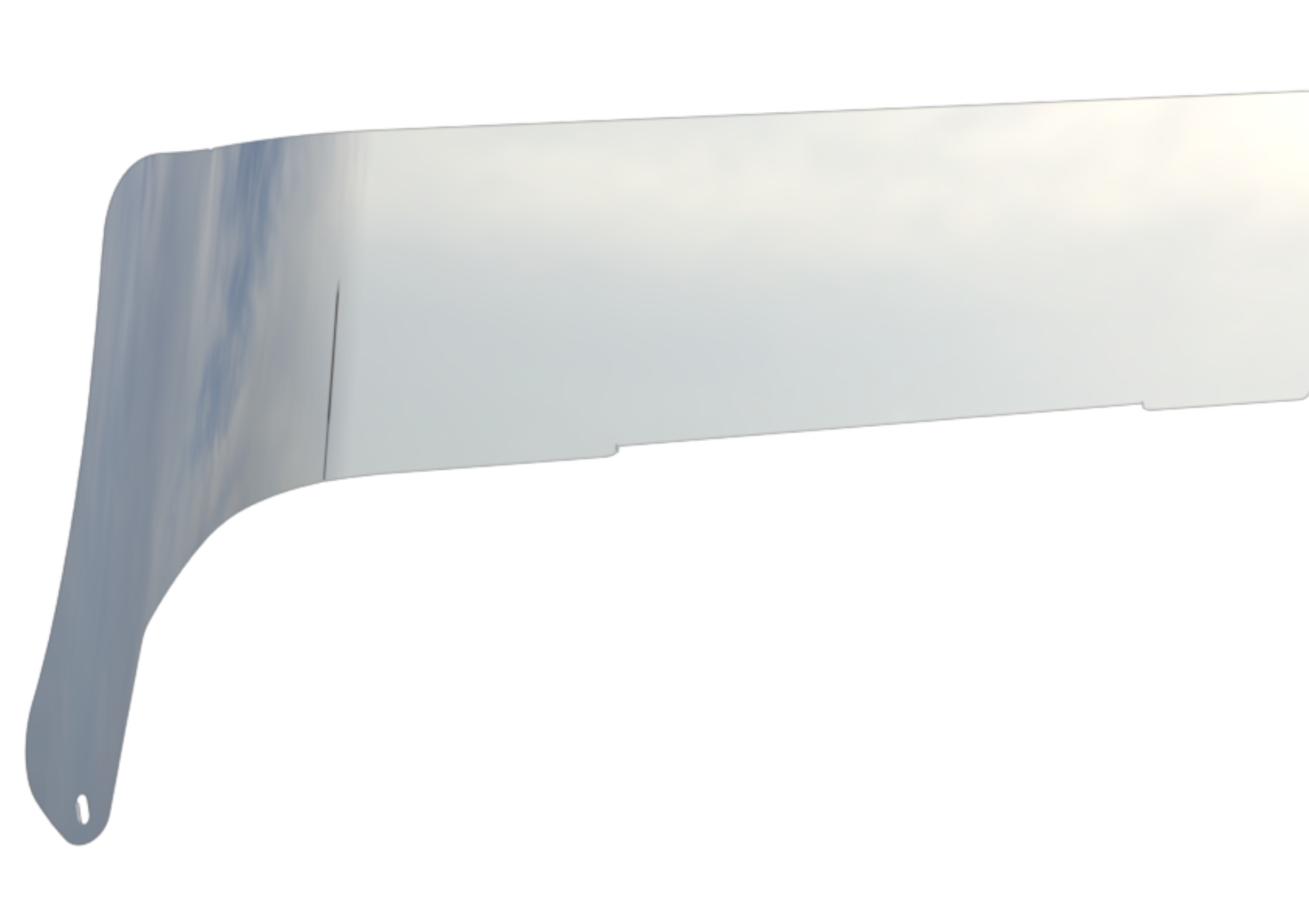 A curved, semi-transparent, glossy plastic visor with a cutout and a small hole at one end, set against a black background. The visor reflects the sky and clouds.