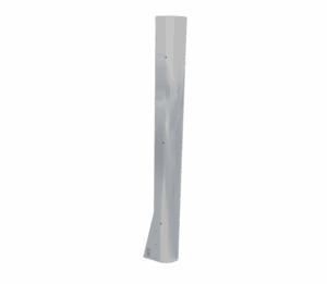 A tall, curved, metallic silver structural component with several small holes, standing upright against a plain black background.