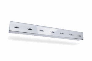 A sleek, rectangular chrome wall-mounted light fixture with six evenly spaced small square lights.